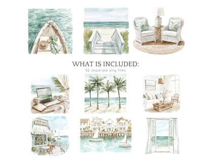 Coastal Serenity - Beach Time Clipart, Neutral Summer | 50 PNG