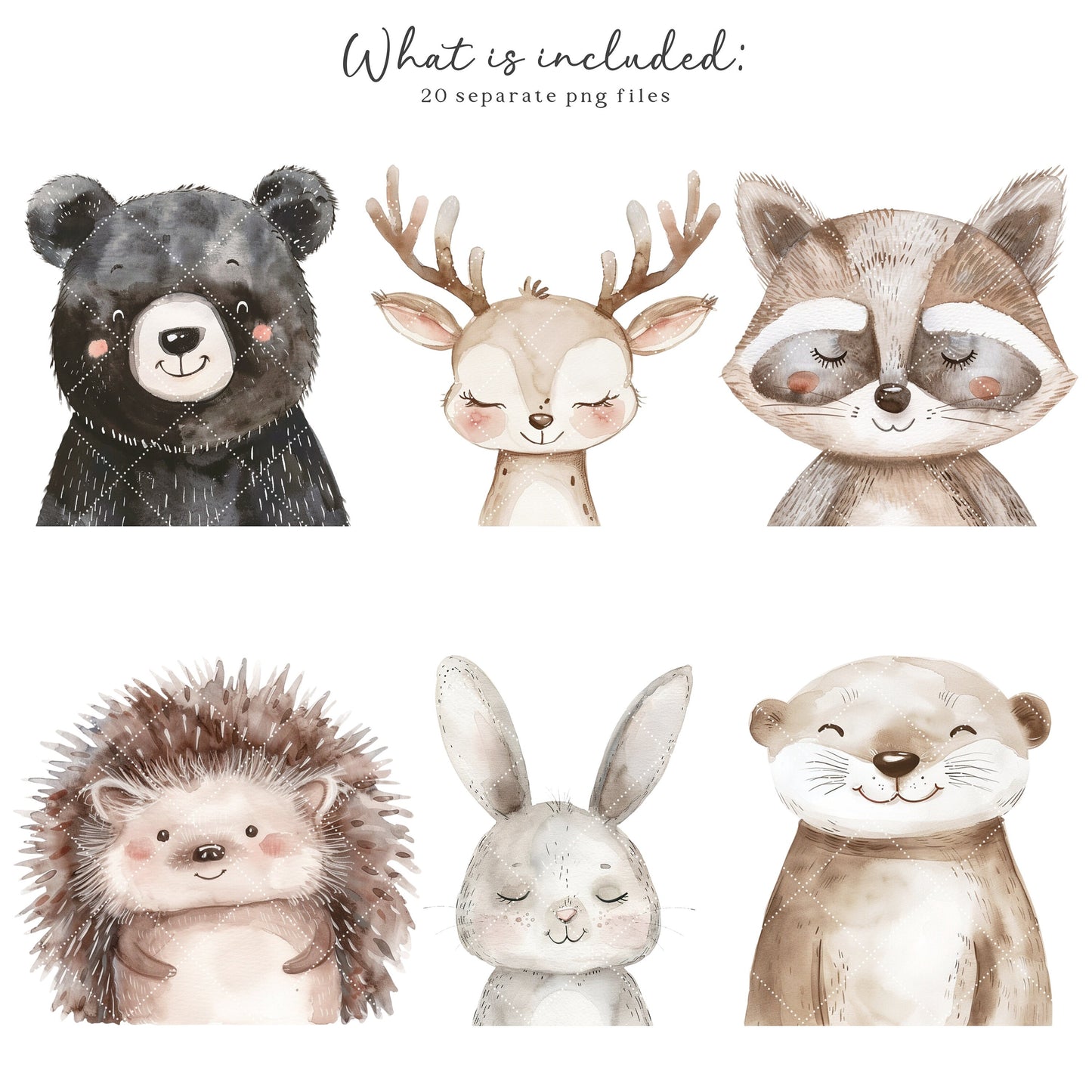 Woodland Portraits - Cute Animals Clipart, Baby Shower, Nursery, Boho Forest | 20 PNG