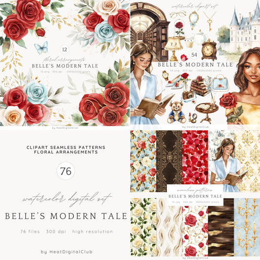 Belle's Modern Tale - Collection Bundle, Beauty and the Beast | 76 PNG/JPEG