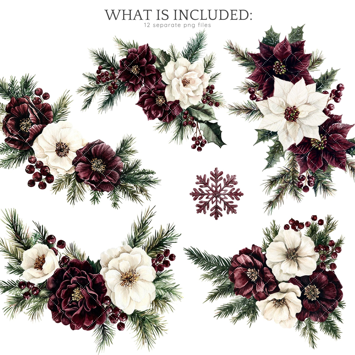 Joyful Time - Winter Floral Arrangement, Cozy Christmas Clipart Bundle | 12 PNG