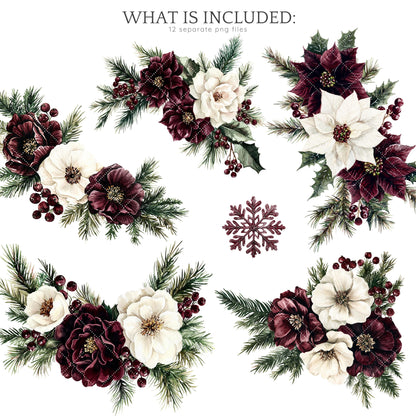 Joyful Time - Winter Floral Arrangement, Cozy Christmas Clipart Bundle | 12 PNG