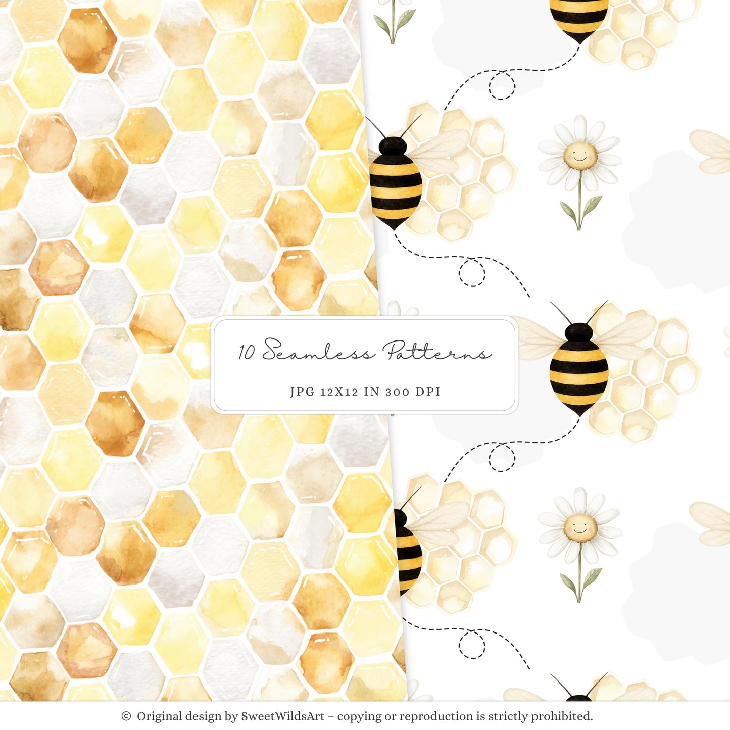 Honey Garden - Seamless Patterns, Bees, Honeycombs, Gingham | 10 JPEG