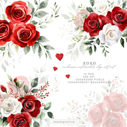 XOXO - Valentines Day Floral Arrangements Clipart, Red Roses | 12 PNG