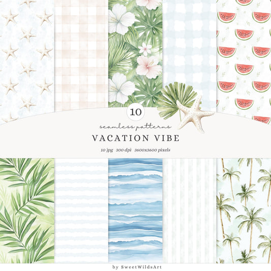 Vacation Vibe - Seamless Patterns, Tropical Beach, Ocean Baby Shower | 10 JPEG