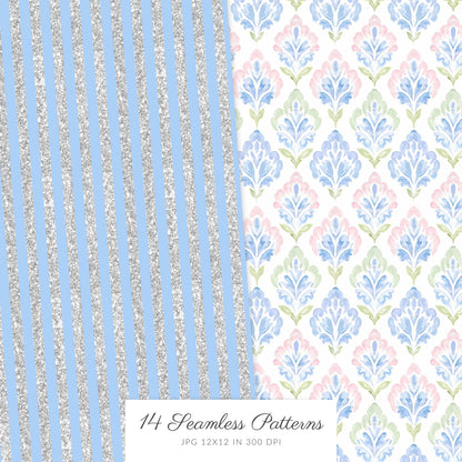 Grandmillennial - Seamless Patterns, Pastel Floral, Stripes, Plaid, Glitter | 14 JPEG