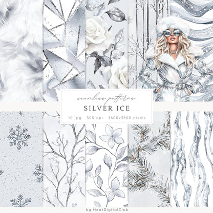 Silver Ice - Seamless Patterns, Cozy Winter, Snowflakes | 10 JPEG