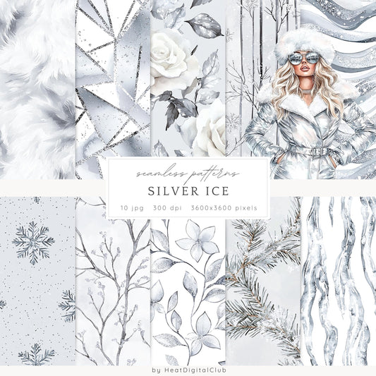 Silver Ice - Seamless Patterns, Cozy Winter, Snowflakes | 10 JPEG