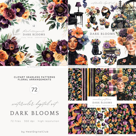 Dark Blooms - Collection Bundle, Romance Clipart, Floral, Gothic | 72 PNG/JPEG