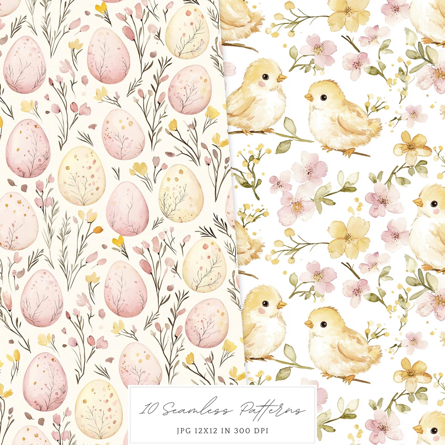 Rustic Easter - Seamless Patterns, Floral, Spring, Bunny | 10 JPEG