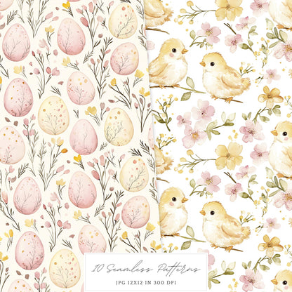 Rustic Easter - Seamless Patterns, Floral, Spring, Bunny | 10 JPEG