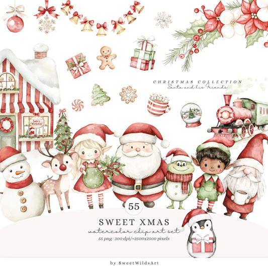 Sweet Xmas - Cute Christmas Clipart, Santa Claus, Elves, Holiday, Winter | 55 PNG