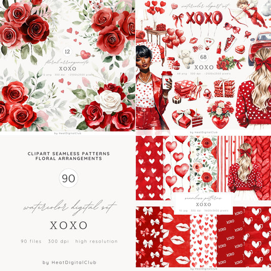 XOXO - Collection Bundle,Valentines Day Clipart, Romantic, Love | 90 PNG/JPEG