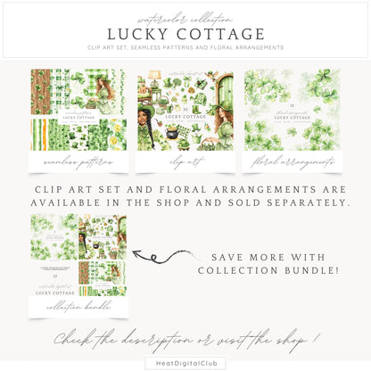 Lucky Cottage - St. Patrick's Day Seamless Patterns, Floral, Shamrock | 10 JPEG