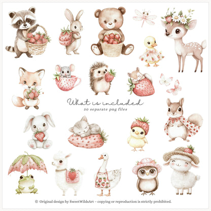 Sweet Strawberry - Baby Animals Clipart Set | 50 PNG