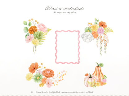 Joyful Fall - Floral Arrangements Clipart, Pink Orange Autumn Flowers, Watercolor Botanical, Fall Bouquets | 40 PNG
