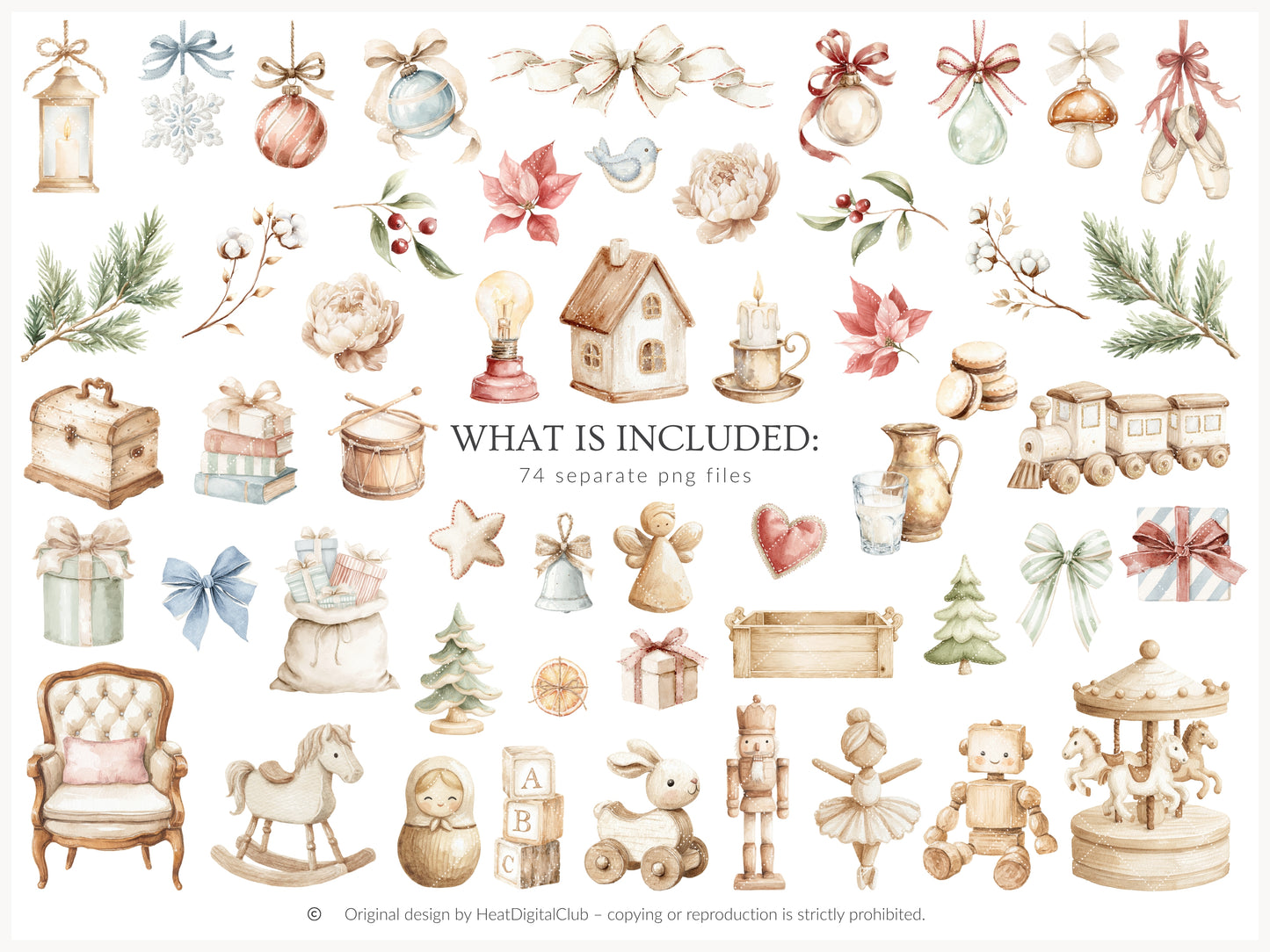 Christmas Atelier - Cute Vintage Holiday Toys Clipart, Winter Grandmillennial Nursery | 84 PNG/JPEG