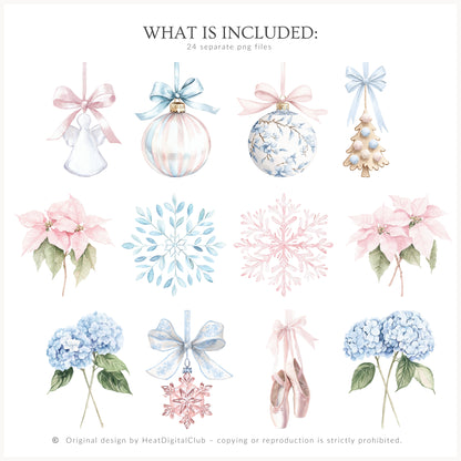 Pastel Noël - Floral Arrangements, Christmas, Soft Holiday Bouquets, Pink & Blue Greenery | 24 PNG