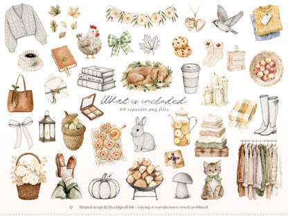 Beloved Fall - Autumn Clipart, Cozy Fall Elements, Pumpkin Clipart, Cottage Fall | 60 PNG