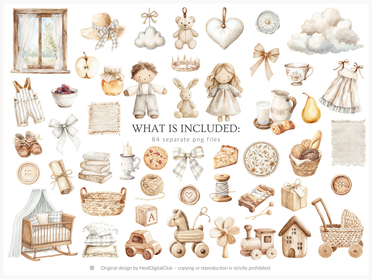 Rustic Atelier - Clipart Set, Cottagecore Plush Toys, French Country Nursery, Neutral Baby | 84 PNG