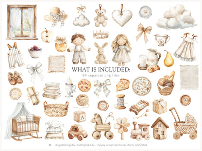 Rustic Atelier - Clipart Set, Cottagecore Plush Toys, French Country Nursery, Neutral Baby | 84 PNG