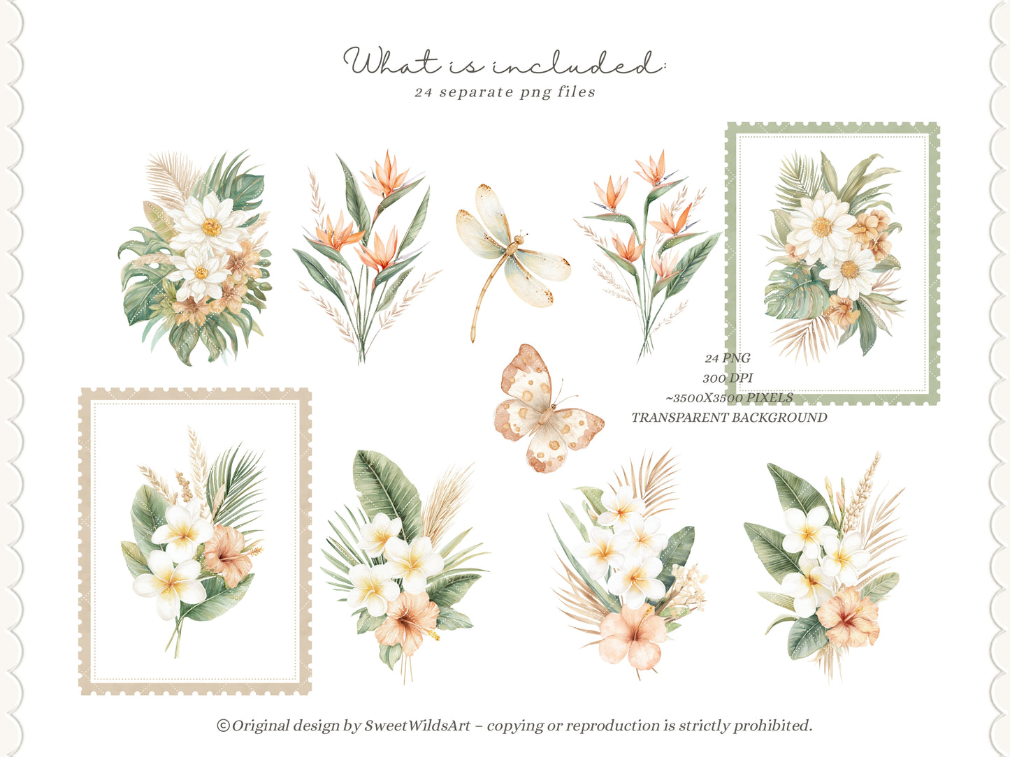 Safari Classics - Floral Arrangements Clipart, Tropical Flowers, Plumeria Hibiscus Leaves, Jungle | 24 PNG