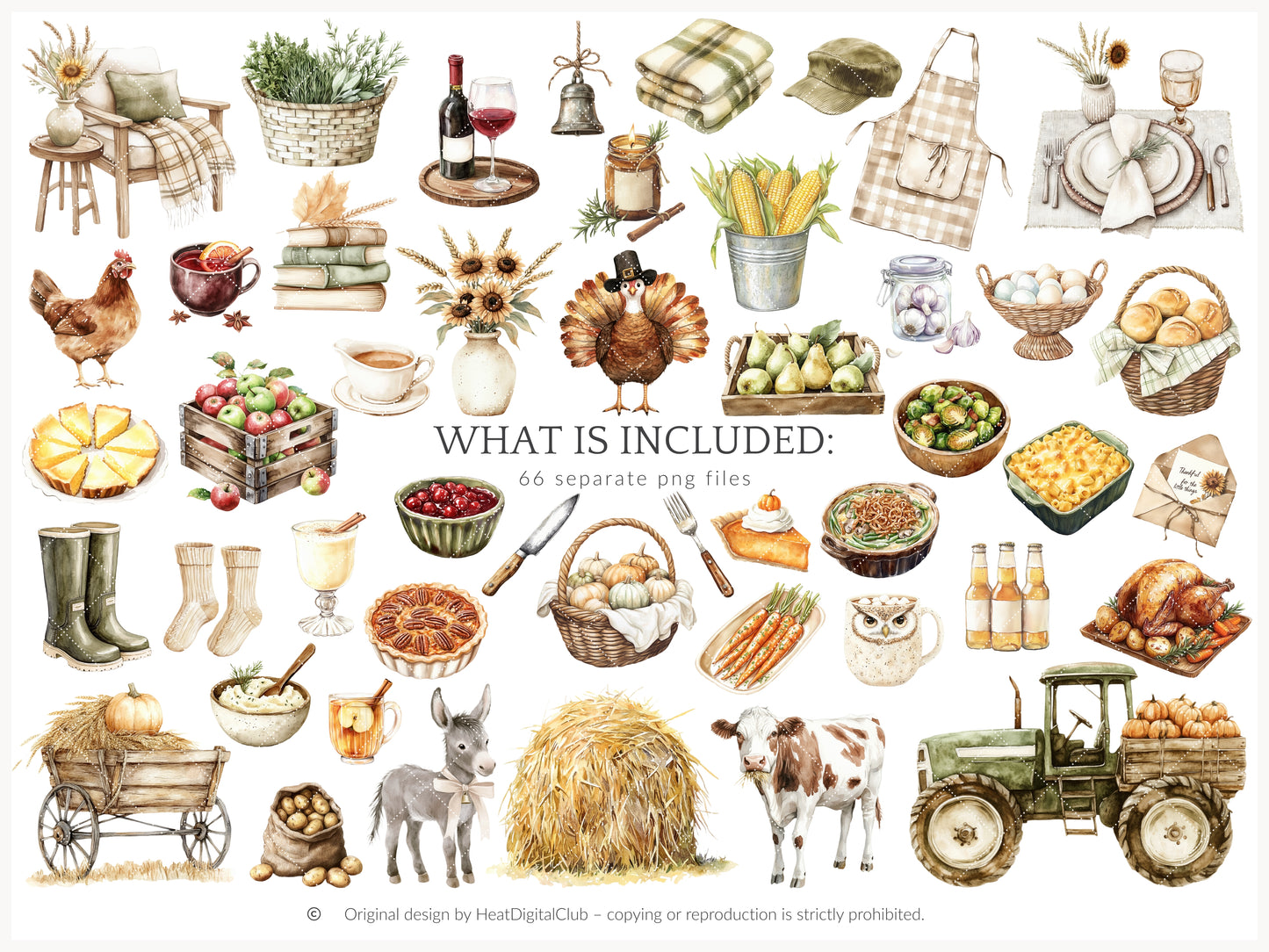 Grateful Feast - Thanksgiving Day Clipart, Autumn Harvest Farm, Fall, Cozy Holiday | 66 PNG