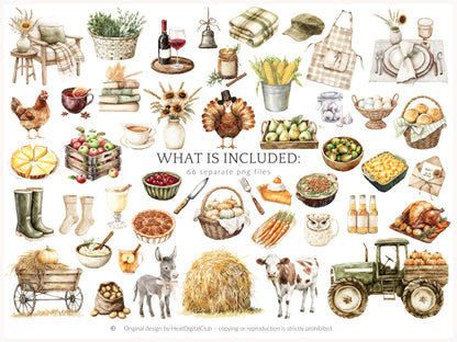 Grateful Feast - Thanksgiving Day Clipart, Autumn Harvest Farm, Fall, Cozy Holiday | 66 PNG