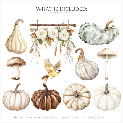 September End - Floral Arrangements Clipart, Dahlias, Sage, Pumpkins | 25 PNG