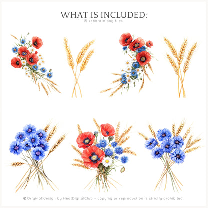 Alpine Summer - Floral Arrangements Clipart, Poppies and Cornflowers | 12 PNG