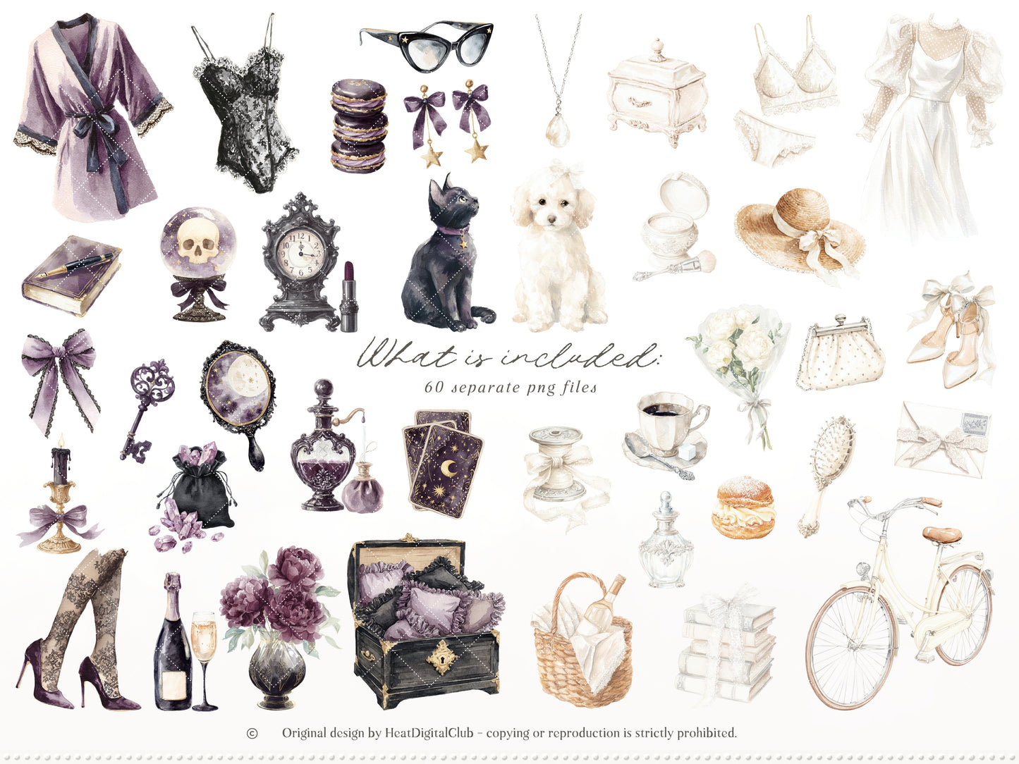 Day & Midnight - Clipart Set, Romantic Dark Gothic Clipart, Feminine, Cottagecore | 60 PNG