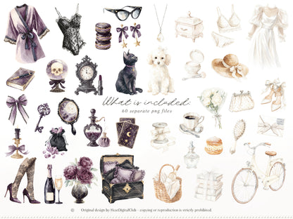 Day & Midnight - Clipart Set, Romantic Dark Gothic Clipart, Feminine, Cottagecore | 60 PNG