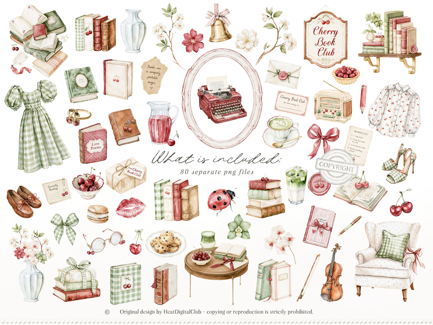 Cherry Book Club - Clipart, Bookish , Reading Girl, Matcha Latte, Cherries, Vintage Books, Seamless Patterns | 90 PNG/JPEG