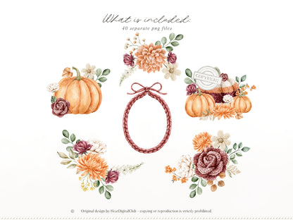 Knitted Fall - Floral Arrangements Clipart, Autumn Flowers, Burgundy Rose, Autumn Botanicals | 40 PNG