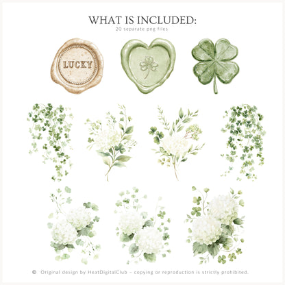 Lucky Fields - Floral Arrangements Clipart, St Patrick's Day Shamrock, Clover Hydrangea | 20 PNG