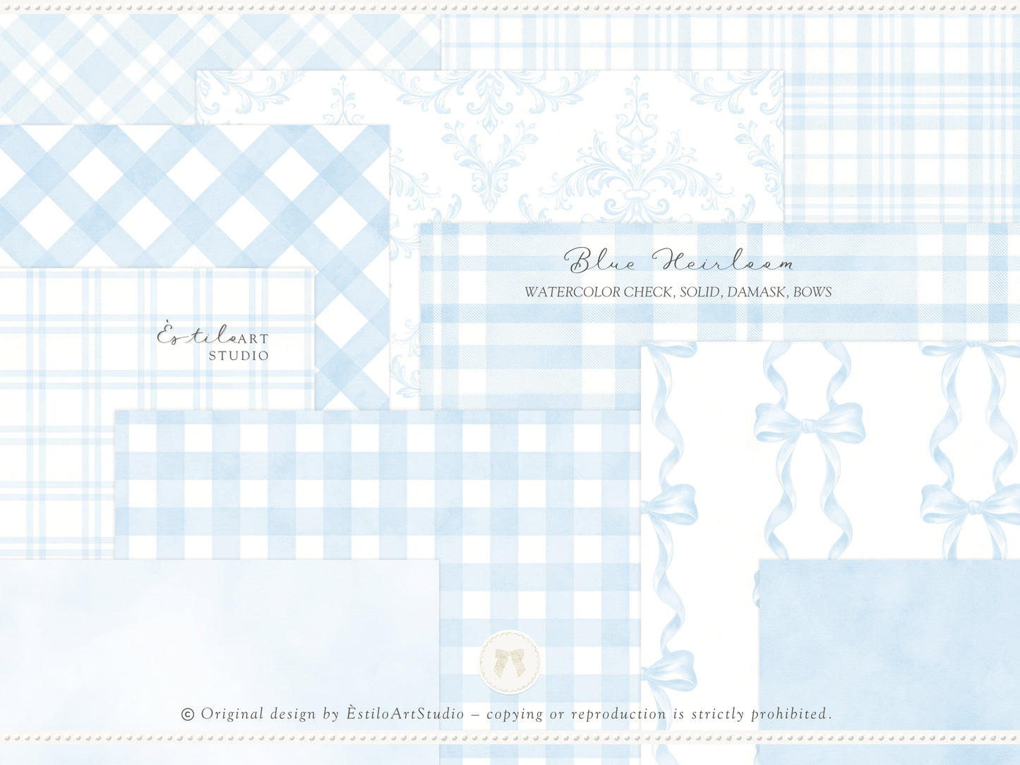 Blue Heirloom - Seamless Patterns, Classic Stripe Gingham Damask Bows, Elegant Digital Paper | 20 JPEG