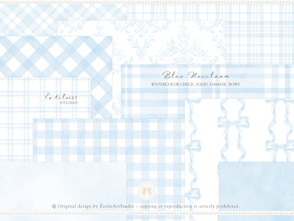 Blue Heirloom - Seamless Patterns, Classic Stripe Gingham Damask Bows, Elegant Digital Paper | 20 JPEG