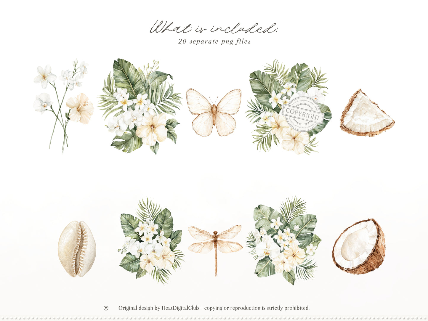 Coconut Dune - Tropical Floral Arrangements Clipart, Palm Leaves , White Beach Flowers | 20 PNG
