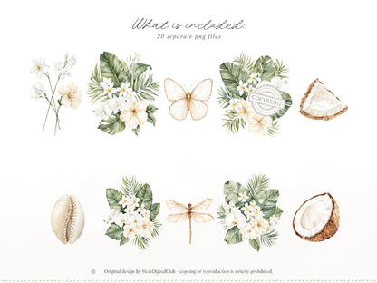 Coconut Dune - Tropical Floral Arrangements Clipart, Palm Leaves , White Beach Flowers | 20 PNG