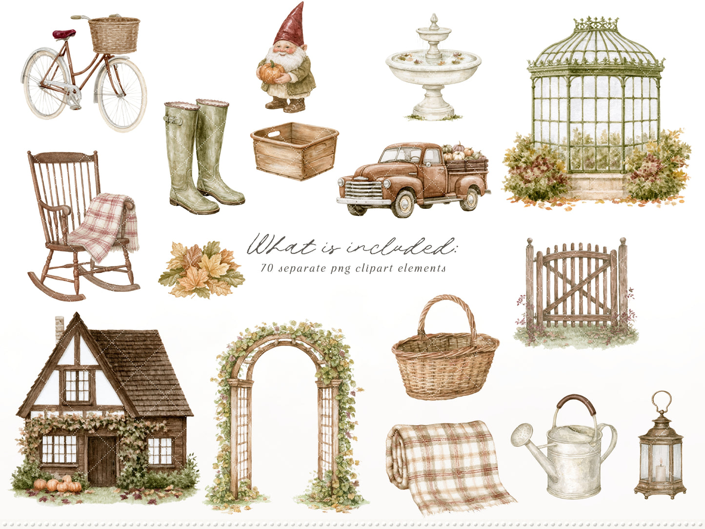 Autumn Menagerie - Watercolor Fall Clipart and Seamless Patterns Bundle, Rustic Garden Graphics | 90 PNG/JPEG