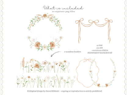 Sweet Wilds - Flowers Clipart, Meadow Flowers, Neutral Floral, Beige Ivory Flowers, Wildflower Baby Shower | 68 PNG/JPEG
