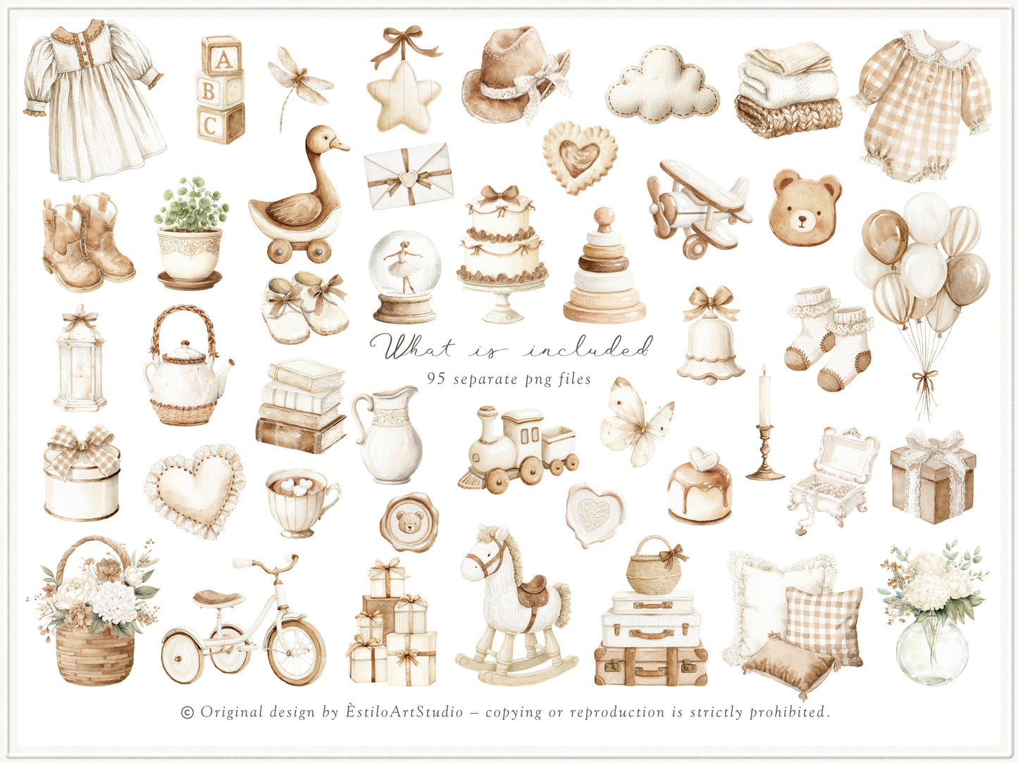 Petite Atelier - Clipart, Heirloom Baby Toys, Vintage Nursery, Neutral Baby Shower, Plush Toys | 105 PNG/JPEG