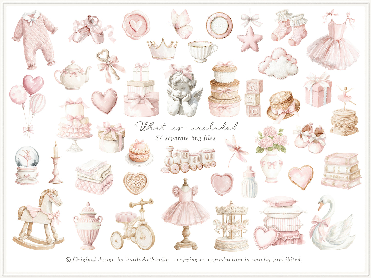 Coquette Atelier - Clipart Set, Soft Pink Baby Girl, Plush Toys, Nursery, Baby Shower | 97 PNG/JPEG