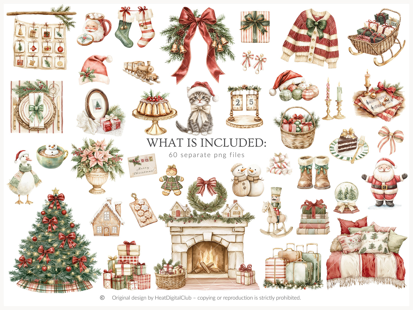 Warm Holidays - Watercolor Clipart Set, Cozy Winter, Christmas, Cottagecore | 60 PNG