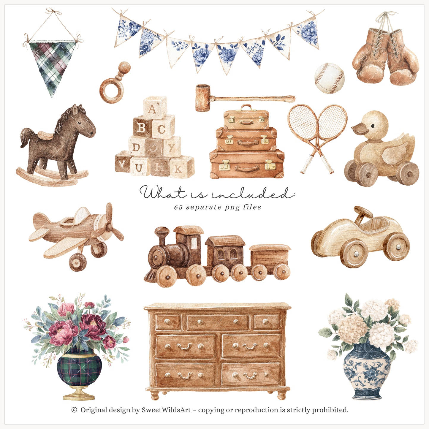 Little Classics - Watercolor Teddy Bears Clipart, Kids Nursery, Grandmillennial | 60 PNG