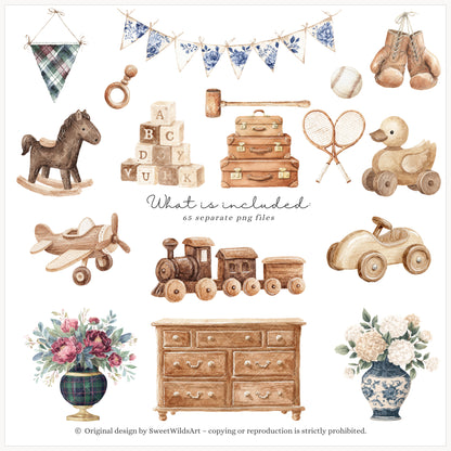 Little Classics - Watercolor Teddy Bears Clipart, Kids Nursery, Grandmillennial | 60 PNG