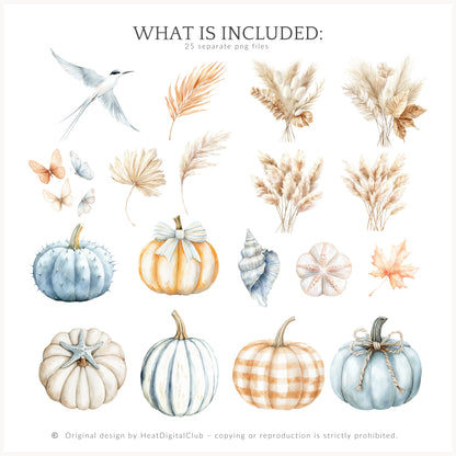 Autumn Shore - Floral Arrangements Clipart, Coastal, Hydrangea, Pumpkins | 25 PNG
