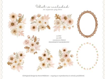Gentle October - Watercolor Fall Floral Arrangements, Autumn Botanicals Collection | 30 PNG