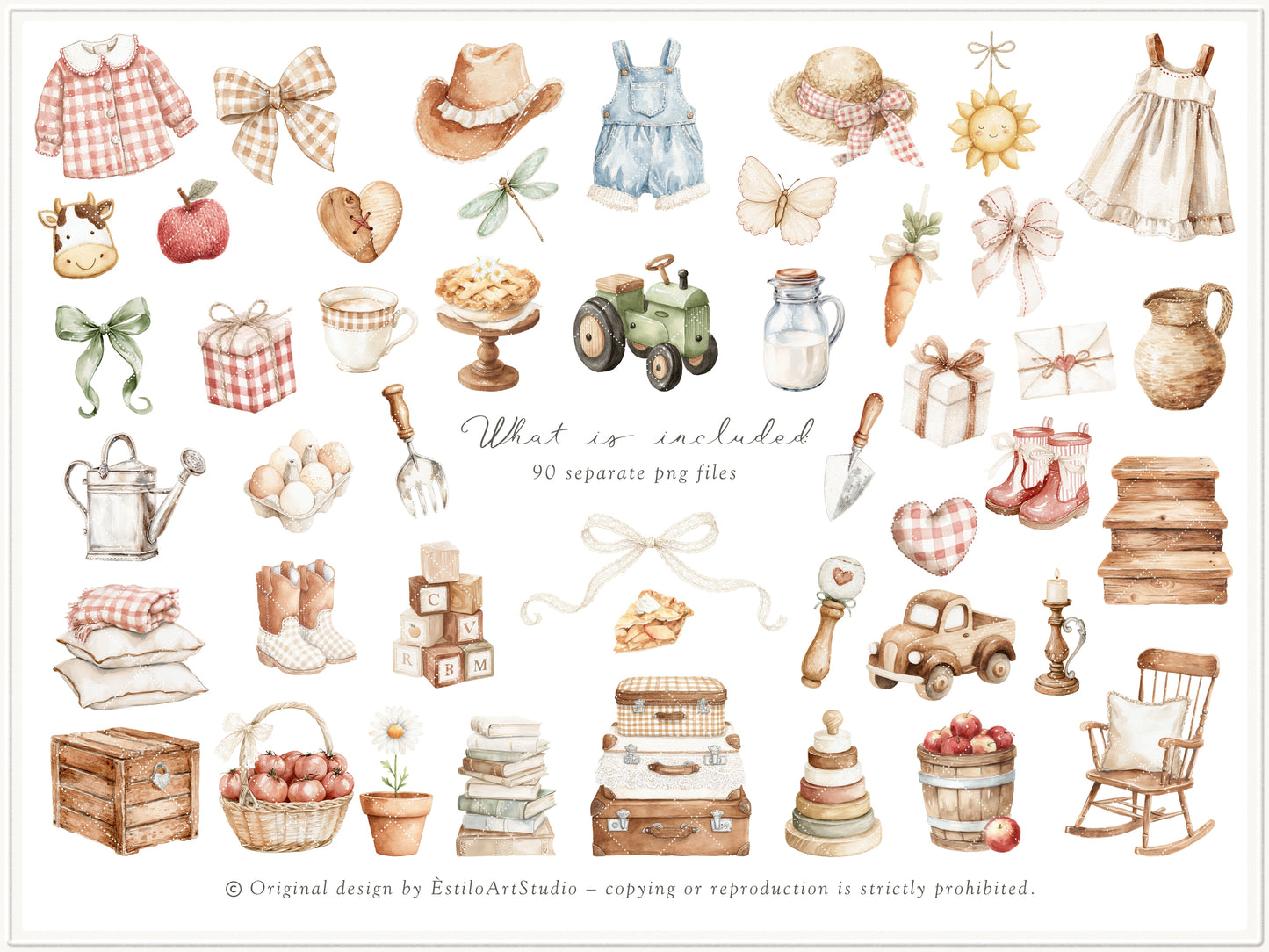 Farm Atelier - Clipart, Heirloom Nursery, Vintage Barn Animals, Farmhouse Baby Shower, Cottage Farm Seamless Patterns | 104 PNG/JPEG
