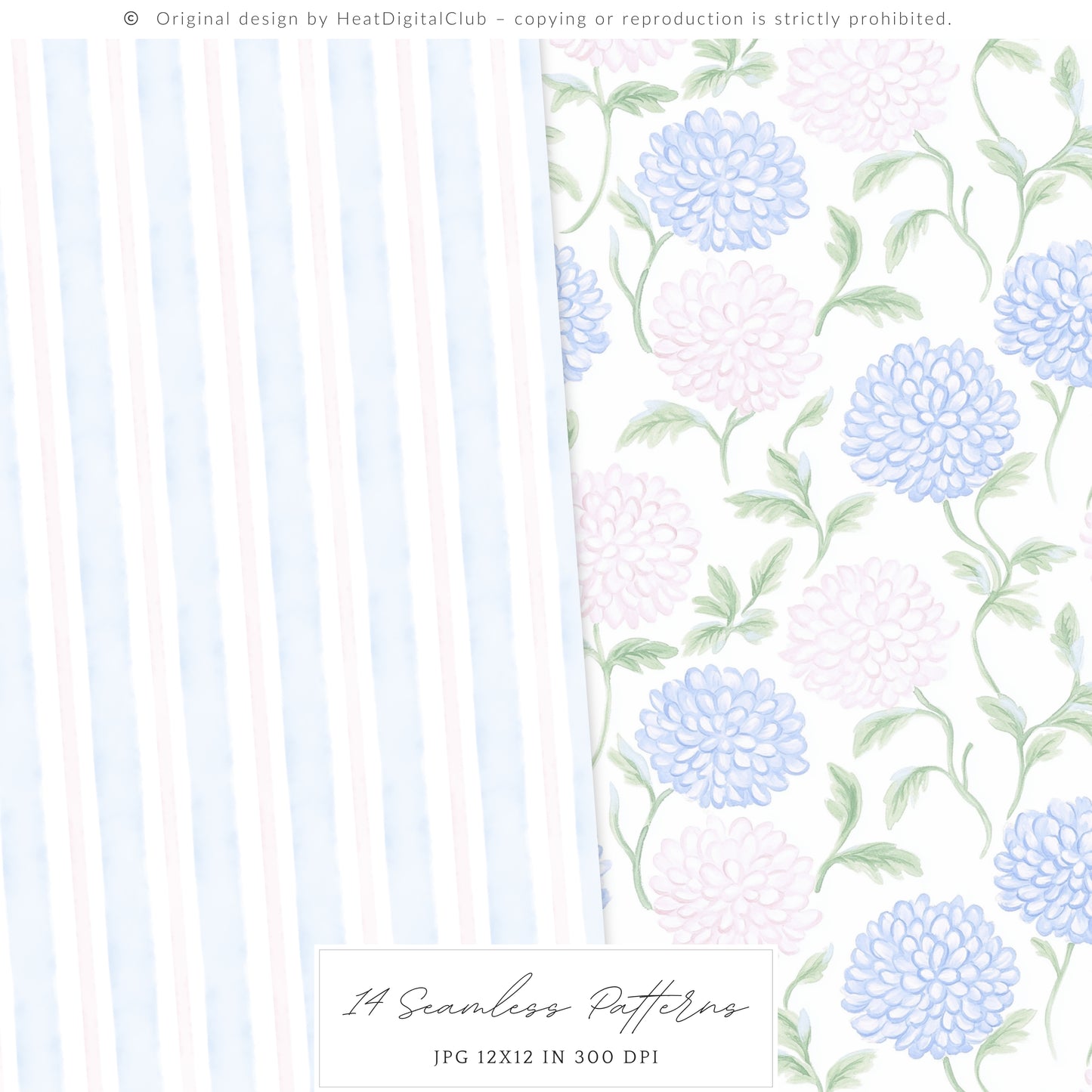 Grandmillennial - Seamless Patterns, Set 3, Pastel Floral, Stripes, Plaid, Glitter | 14 JPEG