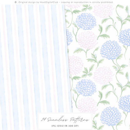 Grandmillennial - Seamless Patterns, Set 3, Pastel Floral, Stripes, Plaid, Glitter | 14 JPEG